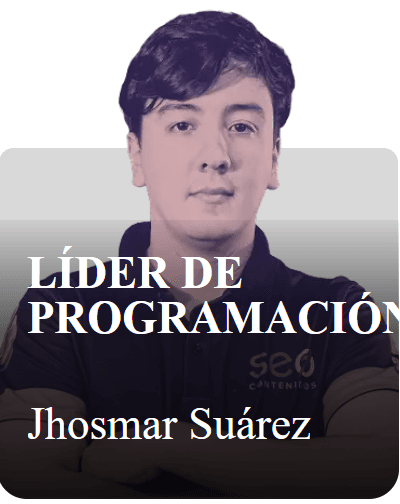 Una placa de anuncio de la empresa con mi retrato, que dice "Líder de Programación - Jhosmar Suárez".