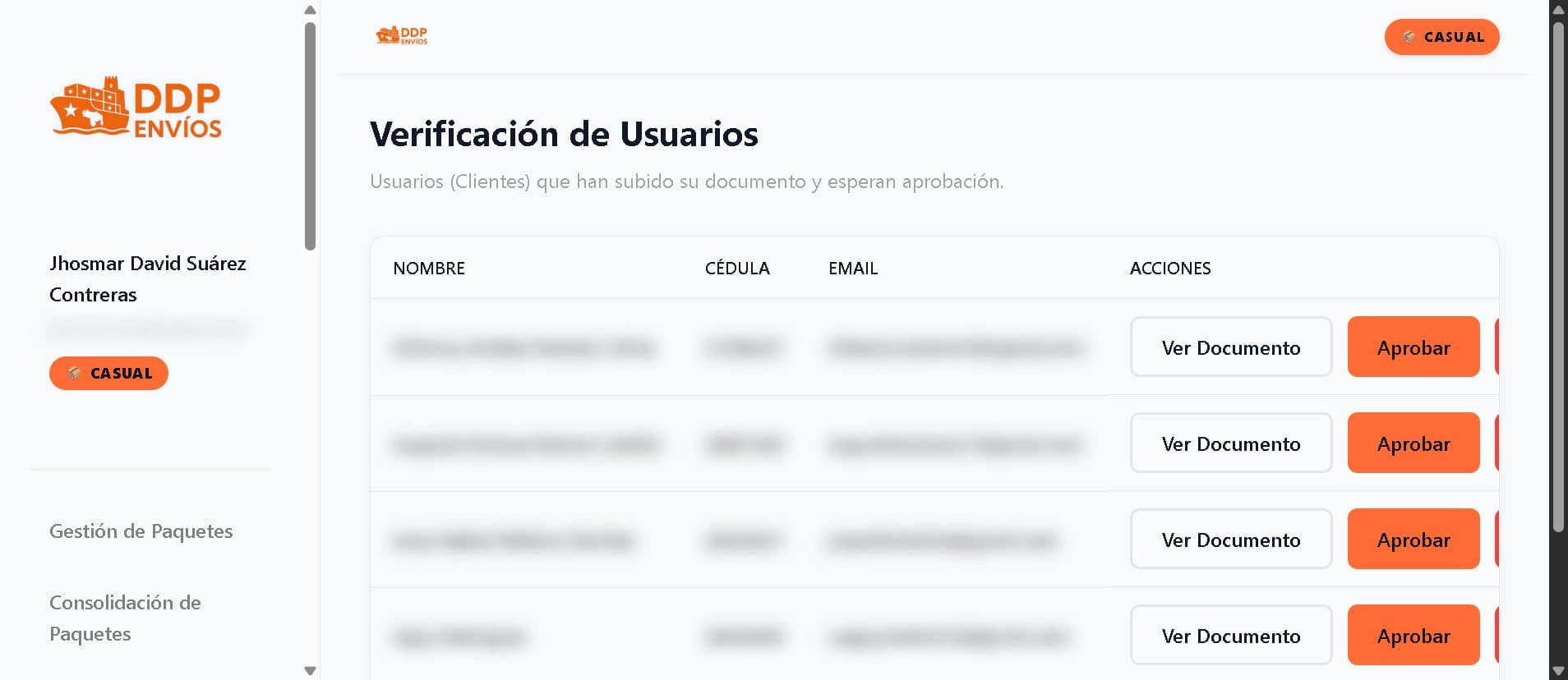 La cola de revisión de documentos de identidad en el panel de administración. Los datos de los clientes están difuminados a propósito en esta captura.
