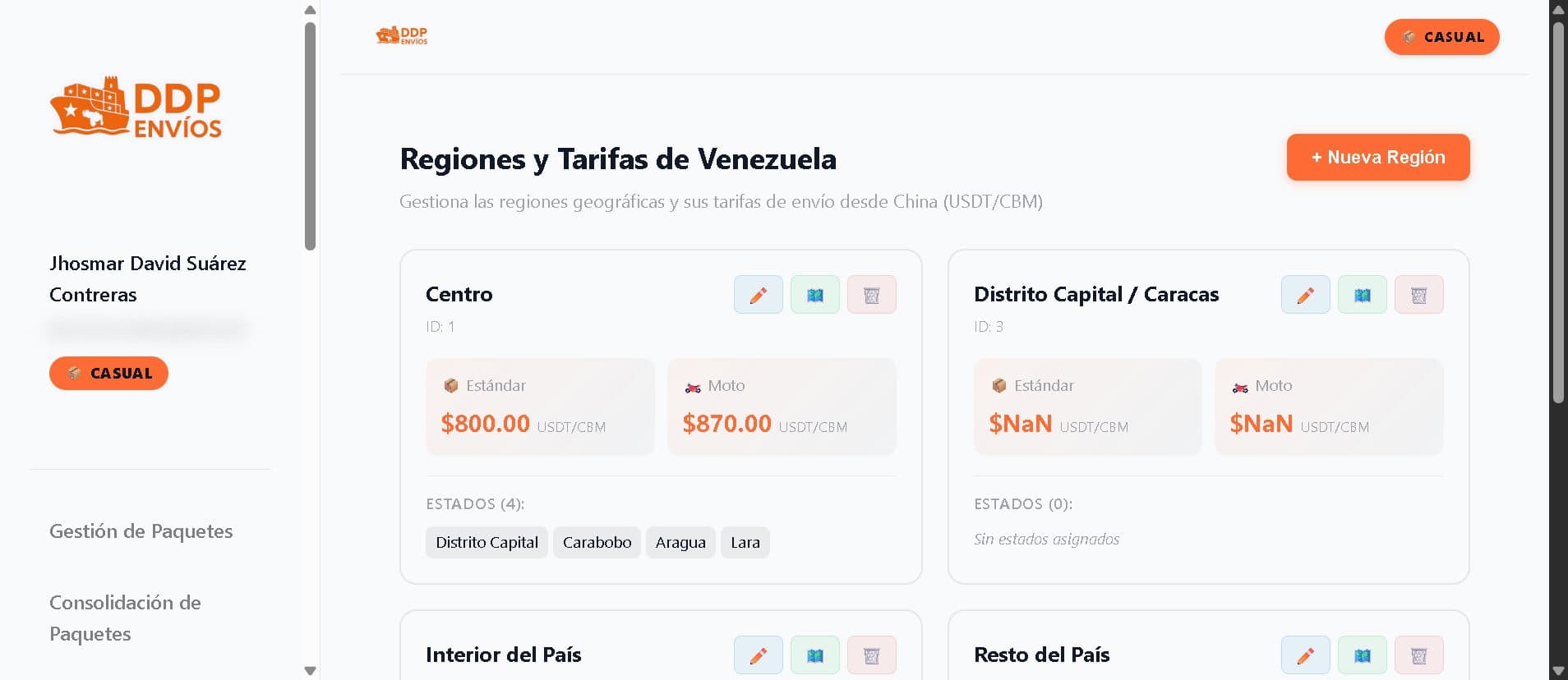 Administración de tarifas: regiones, los estados de cada una y su precio por volumen.