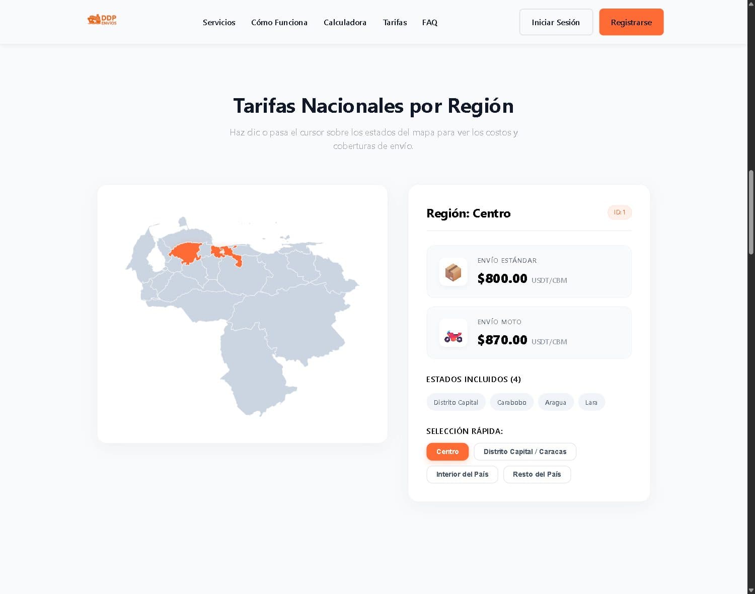 Tarifas nacionales por región, sobre un mapa del país.