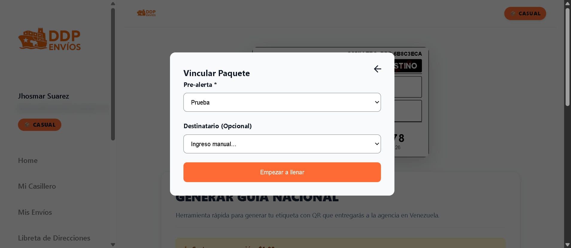 Generación de una guía nacional: llenas destinatario y agencia, y la etiqueta con su código QR se previsualiza en vivo.